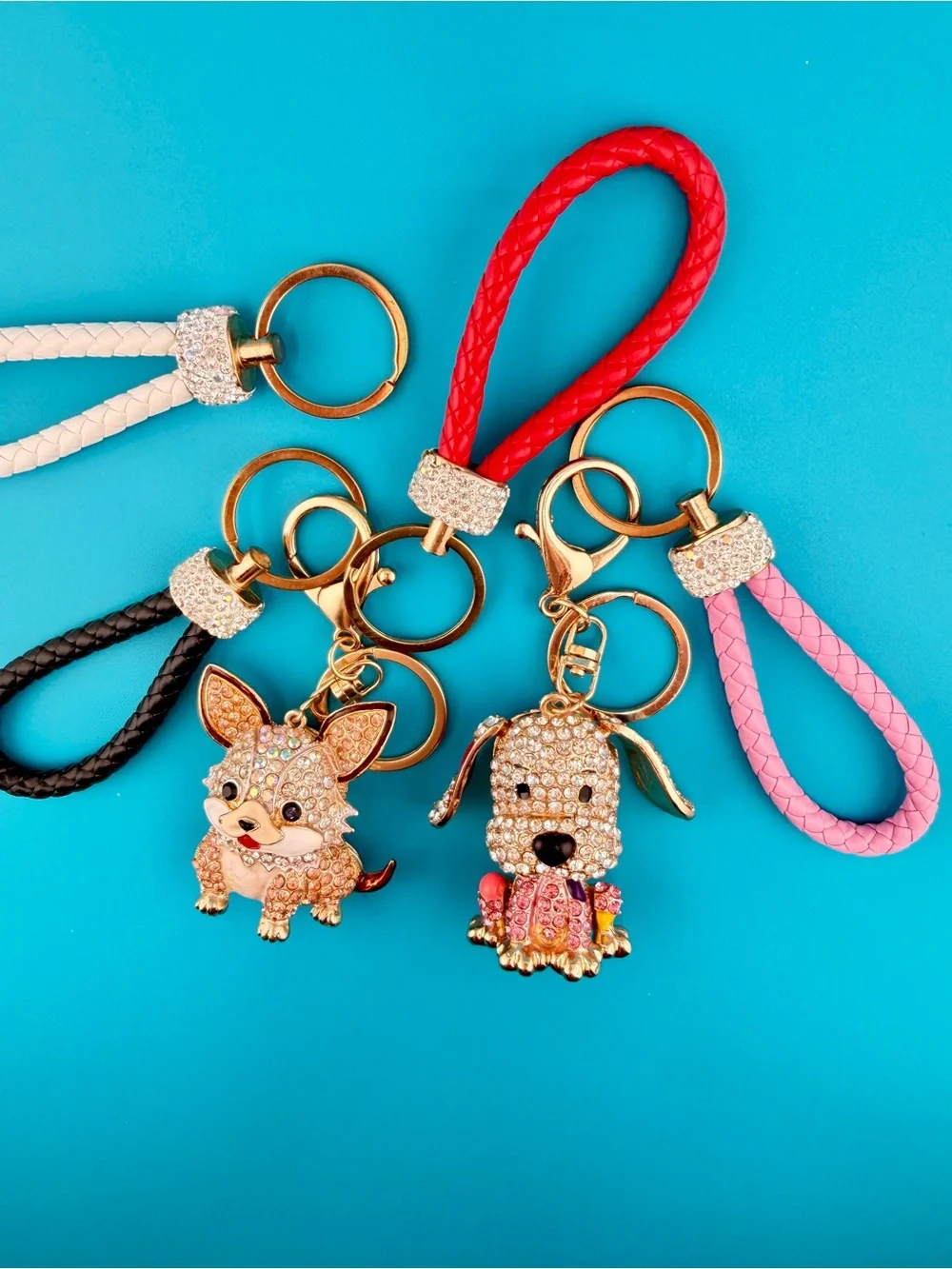 🐶 White & Gold CORGI PUPPY DOG Crystal Rhinestone Bag Charm /Keychain + Key Ring